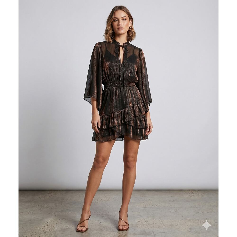 IRO Reblea Copper Metallic Black Ruffle Lurex Mini Dress Women’s Size 40/US 8